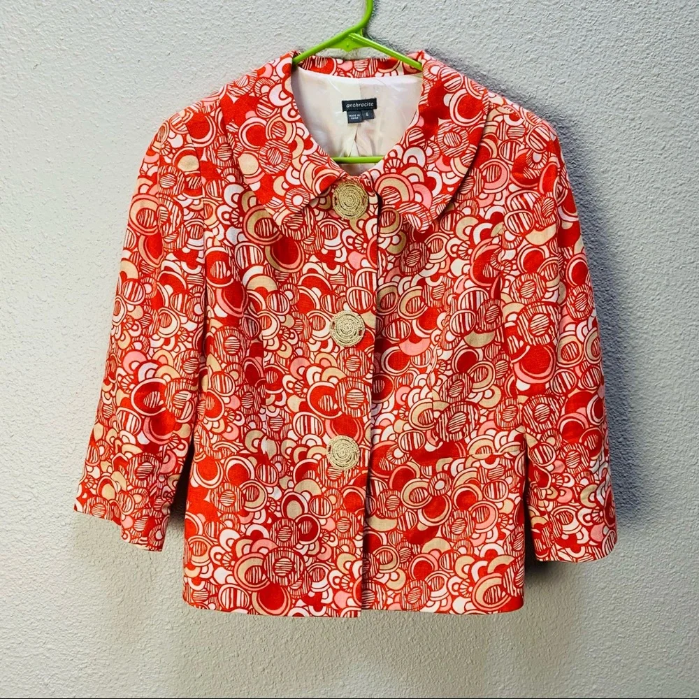 Vintage Anthracite orange white tan circle print LINEN blazer Woven buttons 6/S - Picture 3 of 16